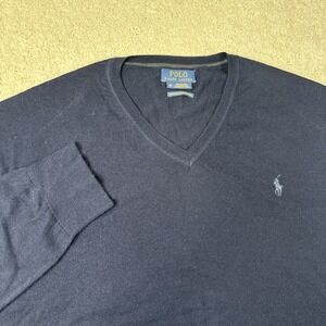 Polo Ralph Lauren Sweater Merino Wool Men's XXL 2XL Blue V Neck Knit Washable